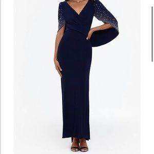 Betsy & Adam V-neck Beaded Drape Back Gown